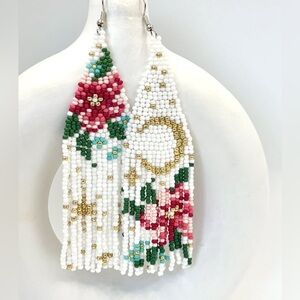Celestial Crescent Moon Pink Flowers Floral Bead Hand Beaded Tassel Earrings New